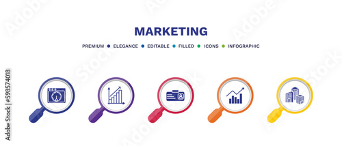 set of marketing filled icons. marketing filled icons with infographic template. flat icons such as velocity test, yield, id, trend, enterprise vector.