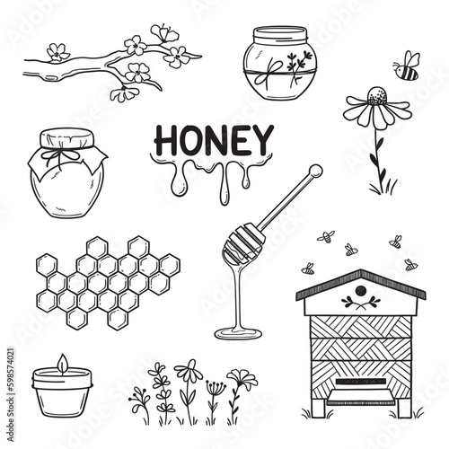 Set of honey and beekeeping elements in doodle style