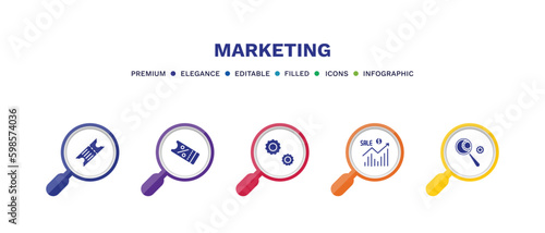 set of marketing filled icons. marketing filled icons with infographic template. flat icons such as eticket, coupon, service, sales, analyze vector.