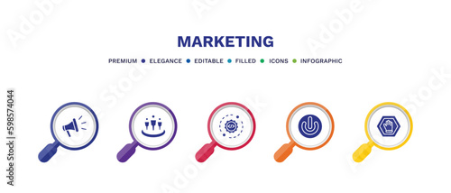 set of marketing filled icons. marketing filled icons with infographic template. flat icons such as promote, affiliate, configuration, on, ad blocker vector.