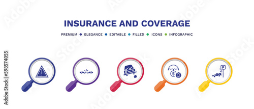 set of insurance and coverage filled icons. insurance and coverage filled icons with infographic template. flat icons such as disaster, frontal crash, stone on the road, money insurance, parking