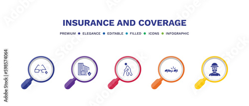 set of insurance and coverage filled icons. insurance and coverage filled icons with infographic template. flat icons such as glasses insurance, building retirement, rear end collision, robbery