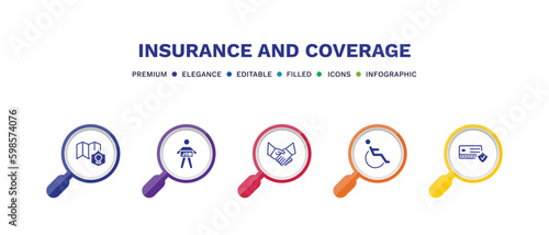 set of insurance and coverage filled icons. insurance and coverage filled icons with infographic template. flat icons such as coverage area, unemployed, shake hands, disabled, payment protection