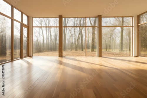 an airy and spacious room with abundant natural light filtering in through multiple windows. Generative AI Generative AI