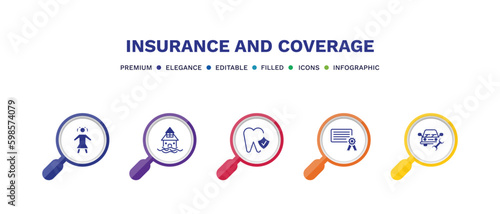 set of insurance and coverage filled icons. insurance and coverage filled icons with infographic template. flat icons such as child, flooded house, dental insurance, license, vehicle repair vector.