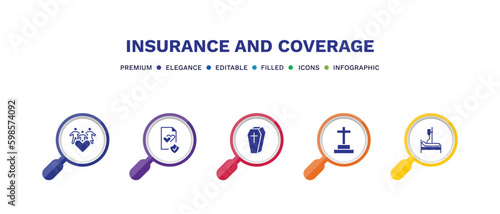 set of insurance and coverage filled icons. insurance and coverage filled icons with infographic template. flat icons such as family care, marriage contract, coffin, funeral, hospitalization vector.