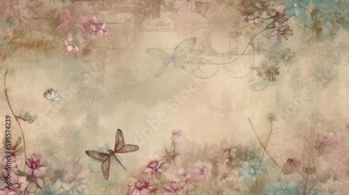 Abstract vintage nature background with flowers, butterflies and dragonflies. Generative ai composite. photo