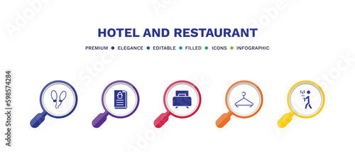 set of hotel and restaurant filled icons. hotel and restaurant filled icons with infographic template. flat icons such as balloon, cookbook, single bed, hanger, servant vector.