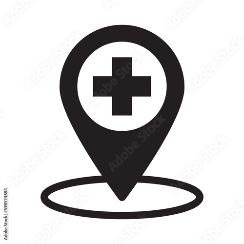 Map pointer icon with cross hospital symbol position. Pin Location Mark Sign Icon, Geo tag Vector Illustration. GPS hospital location symbol. Flat design style. Location icon vector Eps10.