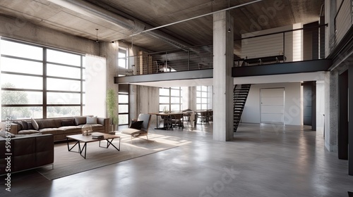  An industrial loft with an open floor plan, concrete floors, and steel accents throughout. generative ai