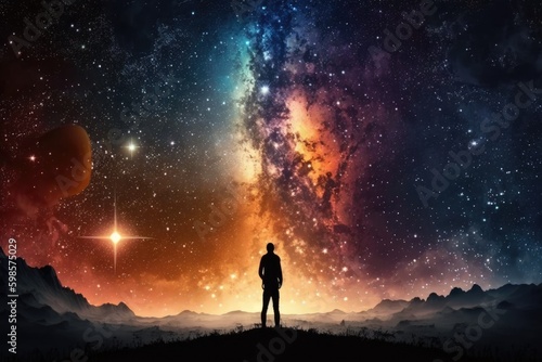 man standing on a hill under a starry night sky. Generative AI Generative AI