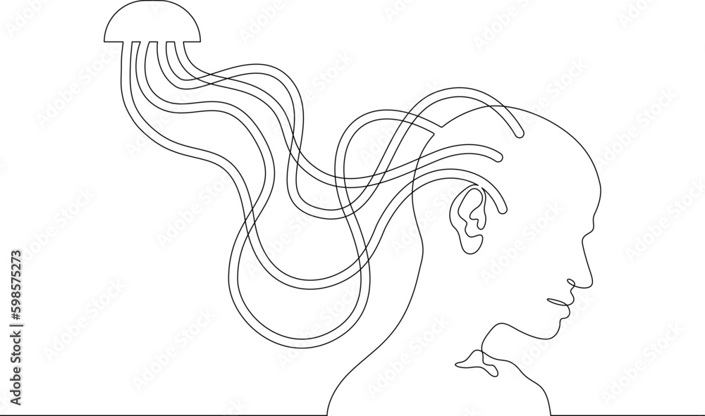 One continuous line. Woman's head connected by wires. Neuroimplants. Brain implant. Neurointerface. Wires in the human head. Peripheral device. One continuous line drawn isolated, white background.