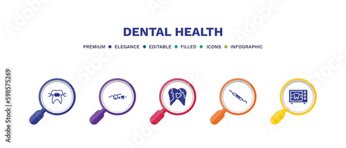 set of dental health filled icons. dental health filled icons with infographic template. flat icons such as brackets, malocclusion, dental plaque, probe, radiograph vector.