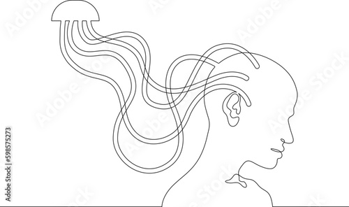 One continuous line. Woman's head connected by wires. Neuroimplants. Brain implant. Neurointerface. Wires in the human head. Peripheral device. One continuous line drawn isolated, white background.