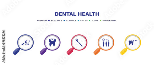 set of dental health filled icons. dental health filled icons with infographic template. flat icons such as dental care, filling, toothbrushes, dentist tools, filler vector.