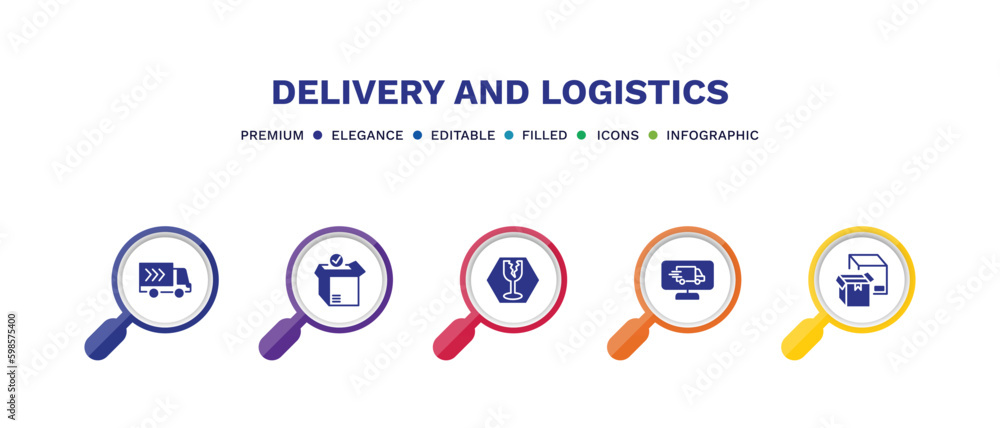 set of delivery and logistics filled icons. delivery and logistics filled icons with infographic template. flat icons such as delivery truck, package checking, fragile, monitor, boxes vector. set of delivery and logistics filled icons. delivery and logistics filled icons with infographic template. flat icons such as delivery truck, package checking, fragile, monitor, boxes vector.