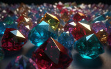 Piles of colorful gemstones on black background. Generative AI technology.