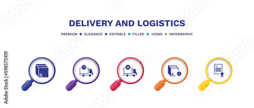 set of delivery and logistics filled icons. delivery and logistics filled icons with infographic template. flat icons such as packages, delivery scheduled, cancelled, info, charter vector.