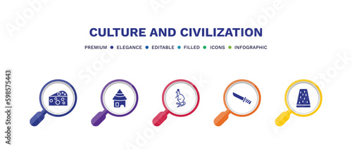 set of culture and civilization filled icons. culture and civilization filled icons with infographic template. flat icons such as goat cheese, mud hut, australian kangaroo, knife in sheath, turron