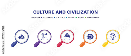 set of culture and civilization filled icons. culture and civilization filled icons with infographic template. flat icons such as brazil carnival mask, rio de janeiro, kokoshnik, cantonese fish,