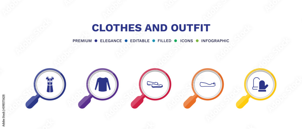 set of clothes and outfit filled icons. clothes and outfit filled icons with infographic template. flat icons such as lyocell shirt dress, long sleeves t shirt, loafer, flat shoes, wool gloves