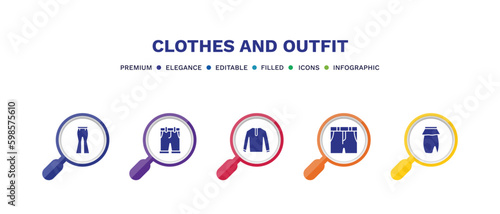 set of clothes and outfit filled icons. clothes and outfit filled icons with infographic template. flat icons such as flare pants, chino shorts, nylon jacket, denim shorts, peplum skirt vector.