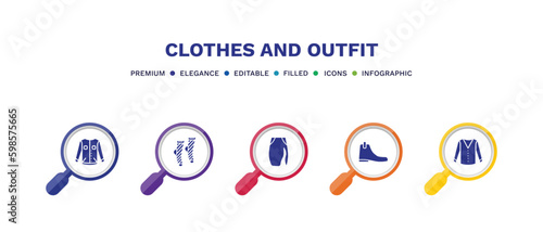 set of clothes and outfit filled icons. clothes and outfit filled icons with infographic template. flat icons such as denim jacket, men socks, slit skirt, leather chelsea boots, cotton cardigan