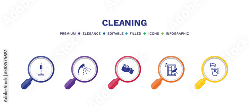 set of cleaning filled icons. cleaning filled icons with infographic template. flat icons such as vacuum, shower, toilet paper cleanin, clean window, faucet cleanin vector.