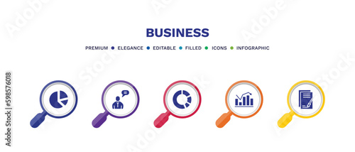 set of business filled icons. business filled icons with infographic template. flat icons such as circular pie chart, man talking, pie chart statistics, statistical chart, vector.