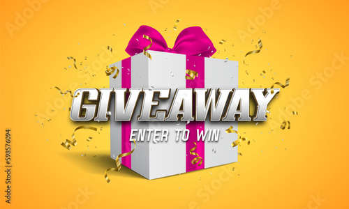 Giveaway banner with box and confetti. Bright promotion poster. Vector template for your design.