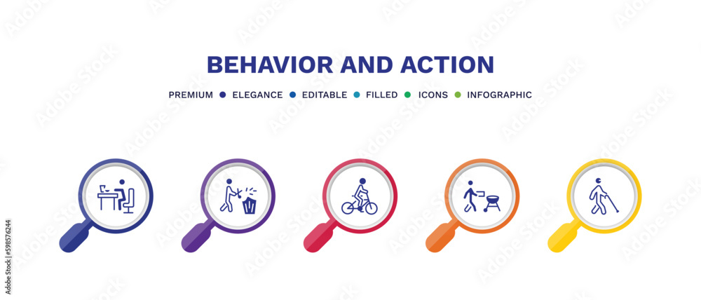 set of behavior and action filled icons. behavior and action filled icons with infographic template. flat icons such as man eating, prune hedge, man riding bicylce, man with, blindman with cane set of behavior and action filled icons. behavior and action filled icons with infographic template. flat icons such as man eating, prune hedge, man riding bicylce, man with, blindman with cane