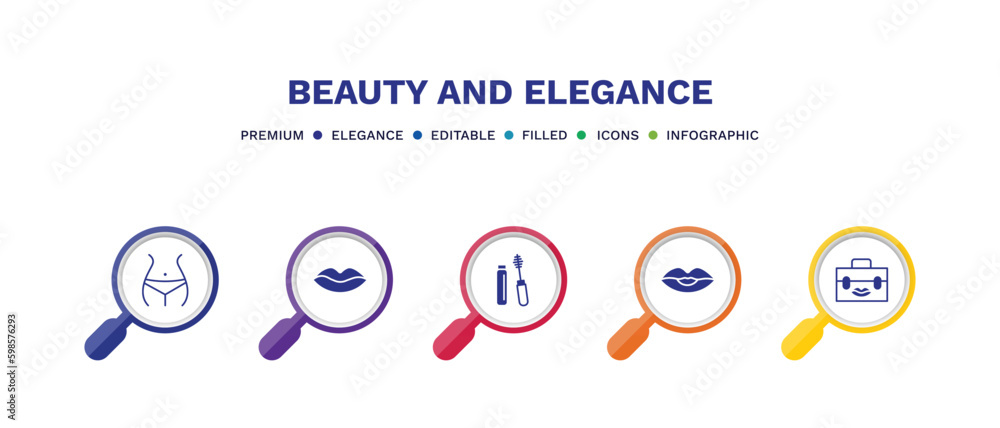 set of beauty and elegance filled icons. beauty and elegance filled icons with infographic template. flat icons such as women waist, lips, mascara, woman lips, big makeup box vector. set of beauty and elegance filled icons. beauty and elegance filled icons with infographic template. flat icons such as women waist, lips, mascara, woman lips, big makeup box vector.