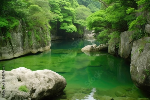 scenic river with emerald green water flowing through rocky terrain. Generative AI Generative AI