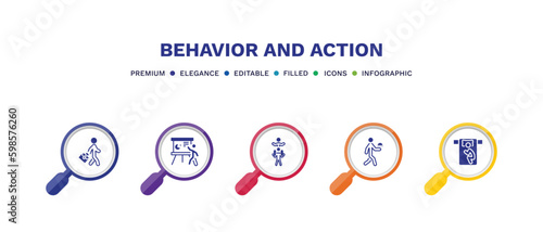 set of behavior and action filled icons. behavior and action filled icons with infographic template. flat icons such as going to work, presentation whiteboard, piggyback a kid, waiter with food