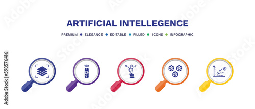set of artificial intellegence filled icons. artificial intellegence filled icons with infographic template. flat icons such as layers, remote control, interactivity, hexagons, prediction vector.