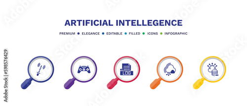 set of artificial intellegence filled icons. artificial intellegence filled icons with infographic template. flat icons such as ar wand, game control, log file, cloud computing, storage vector.