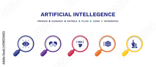 set of artificial intellegence filled icons. artificial intellegence filled icons with infographic template. flat icons such as view, turing test, visualization, depth perception, bionic vector.