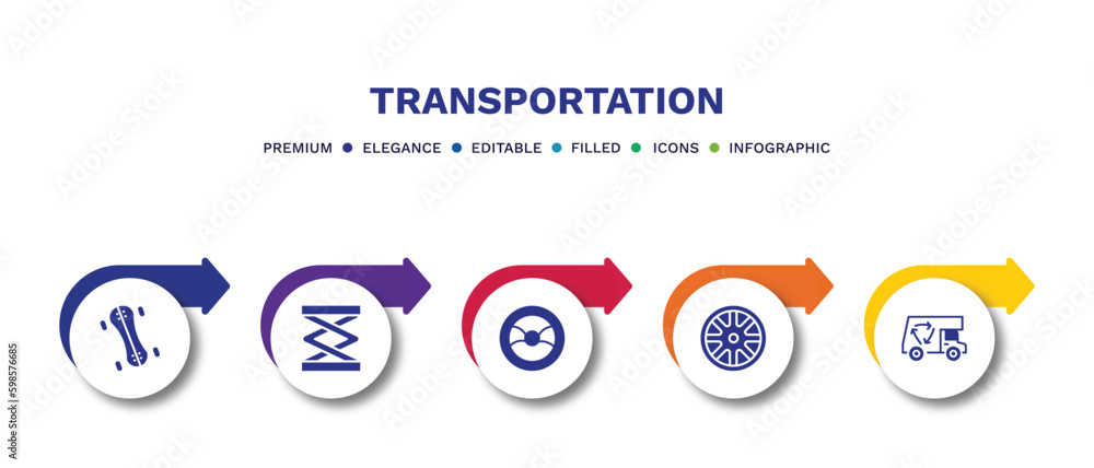 set of transportation filled icons. transportation filled icons with infographic template.flat icons such as longboard, lifter, steering, alloy wheel, recycling truck vector.