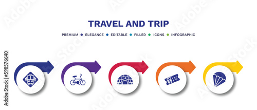 set of travel and trip filled icons. travel and trip filled icons with infographic template.flat icons such as bus stop, bike, igloo, train ticket, parasailing vector.