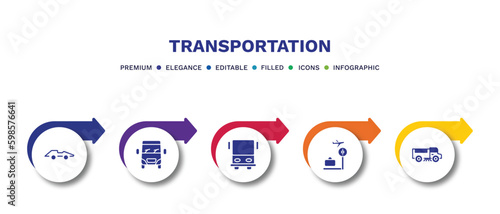 set of transportation filled icons. transportation filled icons with infographic template.flat icons such as formula 1, van front view, public transportation, airport checking, road sweeper vector.