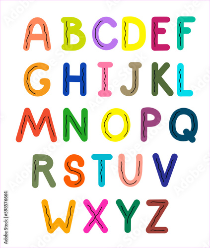 Children s alphabet with fun simple multicolored letters on a transparent background. Vector
