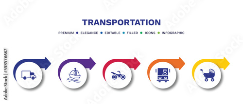 set of transportation filled icons. transportation filled icons with infographic template.flat icons such as trucking, sailing, motorbike, bus front with driver, babysitter vector.