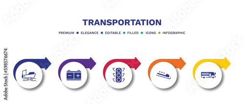 set of transportation filled icons. transportation filled icons with infographic template.flat icons such as fishing boat, workshop repair, car traffic, bobsleigh, school bus empty vector.