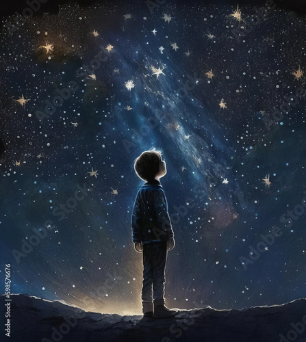 the child looks into the starry sky. Generative AI