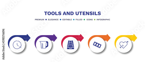 set of tools and utensils filled icons. tools and utensils filled icons with infographic template.flat icons such as time left, pitcher with levels, tray for papers, film strip photograms, tattoo