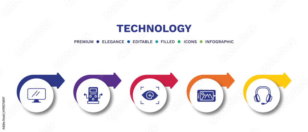 set of technology filled icons. technology filled icons with infographic template.flat icons such as simple screen, dialysis, contact lens, tablet with picture, big headphones vector.