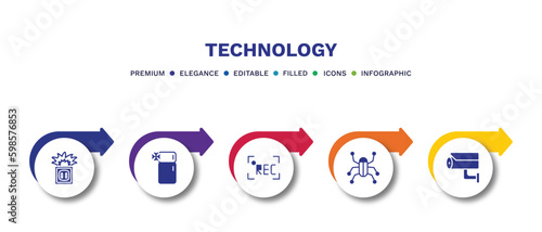 set of technology filled icons. technology filled icons with infographic template.flat icons such as electric socket on fire, domestic, recording, robot insect, security cam vector.