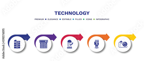 set of technology filled icons. technology filled icons with infographic template.flat icons such as photocopier, basic calculator, phone box, robotic hand, photograph camera vector.