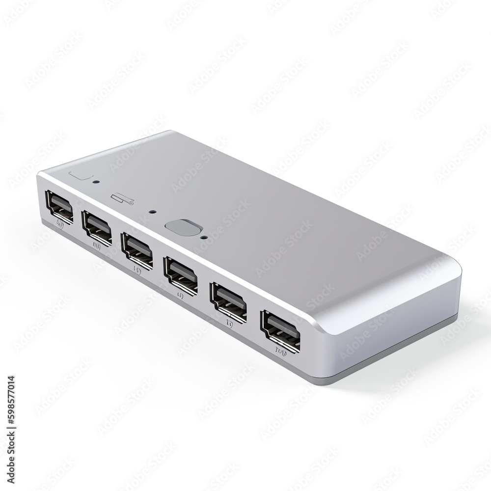 Compact USB - C hub with multiple ports isolated on a white background, generative ai Compact USB - C hub with multiple ports isolated on a white background, generative ai