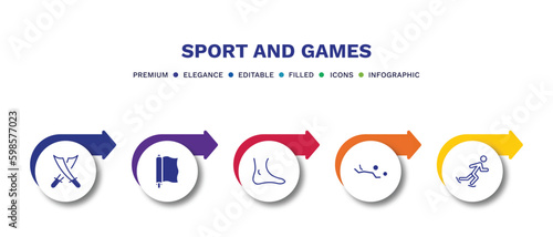 set of sport and games filled icons. sport and games filled icons with infographic template.flat icons such as saber, foil, ankle, volleyball motion, ice skating man vector.